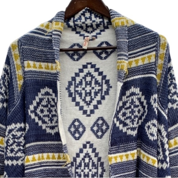 Navajo Print Open Front Cardigan Sweater Drap Front Blue Yellow Cream Size M - Picture 6 of 8